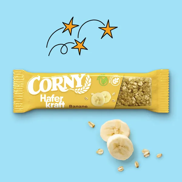 Packung von Corny Haferkraft Einzelriegel Banane
