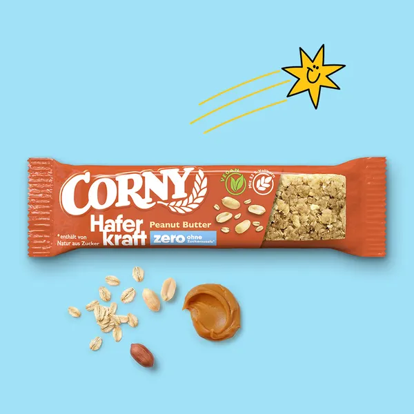 Packung von Corny Haferkraft Einzelriegel zero Peanut Butter