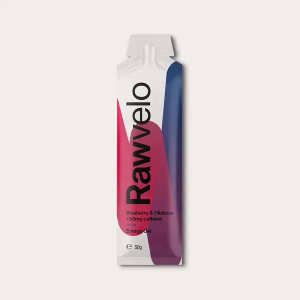 Packung von Rawvelo Blueberry and Hibiscus Energy Gel with 50mg Natural Caffeine